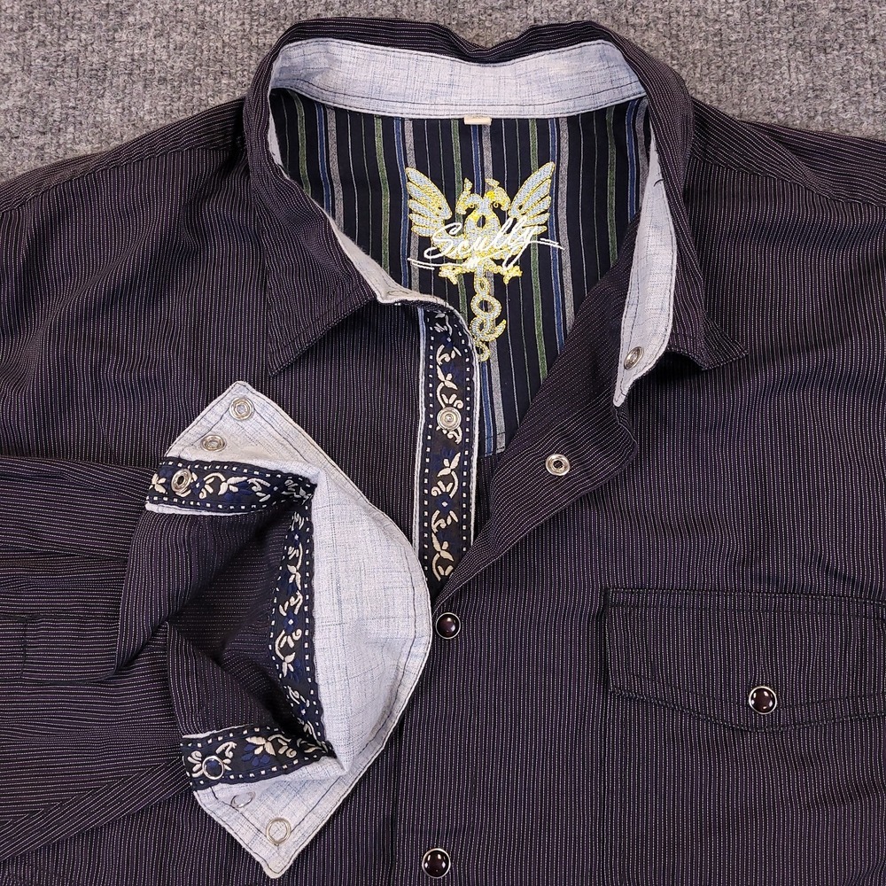 Skully Western Pearl Snap Shirt Mens XL Purple Black White Striped Flip Contrast